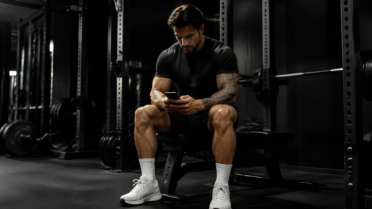 Atleta revisando su vídeo de entrenamiento en el móvil entre series