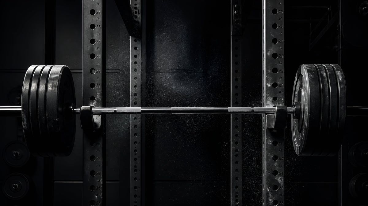 Barra olímpica cargada en un rack de gimnasio